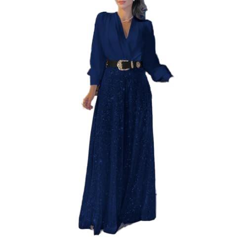 Glamouröser Damen Abendoverall mit stylischem V-Ausschnitt und Paillettendetails (L Dunkelblau) von ZYWUOY