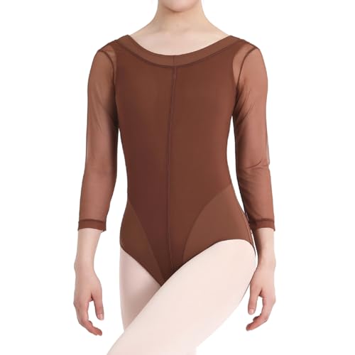ZYXWVU Ballett Trikot Damen mit 3/4-Mesh-Langarm Ballett Body Tanzbody Damen mit Rundhalsausschnitt, 1020-braun,XL von ZYXWVU