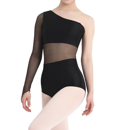 ZYXWVU Ballett Trikot Damen mit Ein-Schulter-Mesh-Langarm – Gymnastik-Leotard für Damen, DG1615-schwarz,M von ZYXWVU