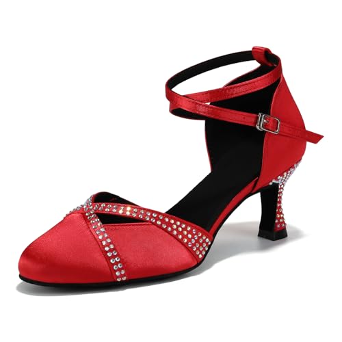 ZYXWVU Damen Latin Tanzschuhe Geschlossen Ballsaal Salsa Latein Tango Leistung Tanzschuhe Rot, 38.5 EU von ZYXWVU