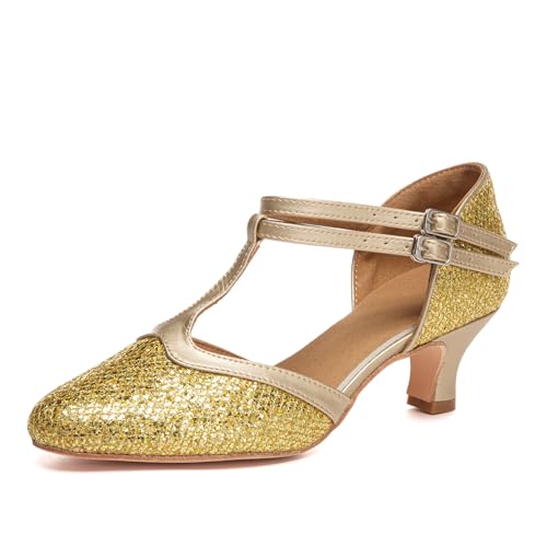 ZYXWVU Damen Latin Tanzschuhe Geschlossen mit T-Riemchen Glitzer Salsa Tango Walzer Tanzschuhe Mittlerer Absatz Gold, 39 EU von ZYXWVU