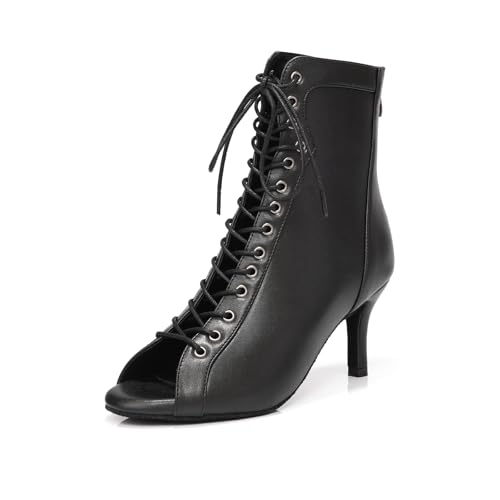 ZYXWVU Damen Tanzstiefel Latein Open-Toe Salsa Tango Bachata Ballsaal Party Schnürstiefel,DS587-Schwarz-7cm,38 EU von ZYXWVU