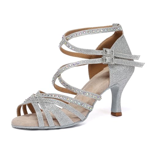 ZYXWVU Latein Damen Tanzschuhe mit Strasssteinen Salsa Bachata Ballsaal Performance Tanzschuhe Silber, 36.5 EU von ZYXWVU