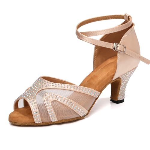 ZYXWVU Latein Tanzschuhe Damen Open Toe Salsa Bachata Professionelle Strass Salsa Hochzeit Abend,D53-Beige-6cm,40 EU von ZYXWVU