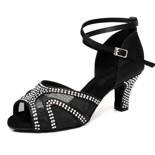 ZYXWVU Latein Tanzschuhe Damen Open Toe Salsa Bachata Professionelle Strass Salsa Hochzeit Abend,D53-Schwar-6cm,38 EU von ZYXWVU