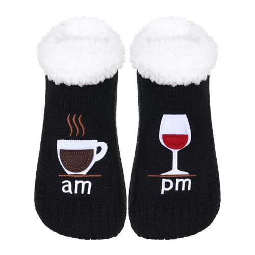 ZYZX Lustige Kuschelsocken Winter Warme Niedlich Gestrickt Bequem Haussocken Rutschfeste Sohle Fleece-gefütterte Flauschige Hüttensocke Weicher Bequem Stoppersocken Geschenke Hausschuhe AM/PM von ZYZX