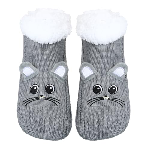 ZYZX Tier Kuschelsocken für Damen mit Rutschfeste Sohle Winter Bequem Gestrickt Lustige Niedlich Haussocken Sherpa Futter Stoppersocken Flauschig Dicke Hüttensocke Geschenke Mäuse von ZYZX