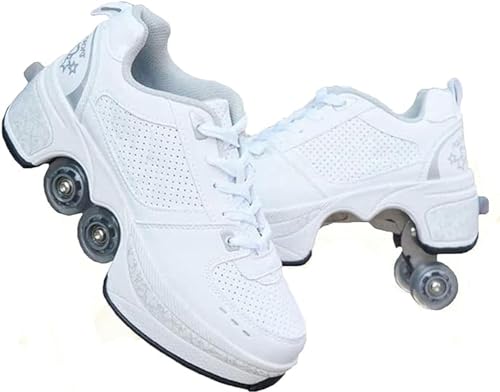 ZZ Inline-Skate Rollschuh Roller Skates Lauflernschuhe,Sneakers,2in1 Mehrzweckschuhe Schuhe Mit Rollen Skateboardschuhe,Inline-Skate,Verstellbare Quad-Rollschuh Stiefel Skateboardschuhe,White-EU34 von ZZ