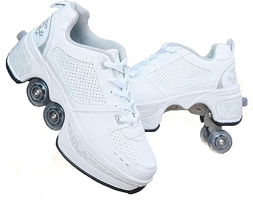 ZZ Inline-Skate Rollschuh Roller Skates Lauflernschuhe,Sneakers,2in1 Mehrzweckschuhe Schuhe Mit Rollen Skateboardschuhe,Inline-Skate,Verstellbare Quad-Rollschuh Stiefel Skateboardschuhe,White-EU41 von ZZ