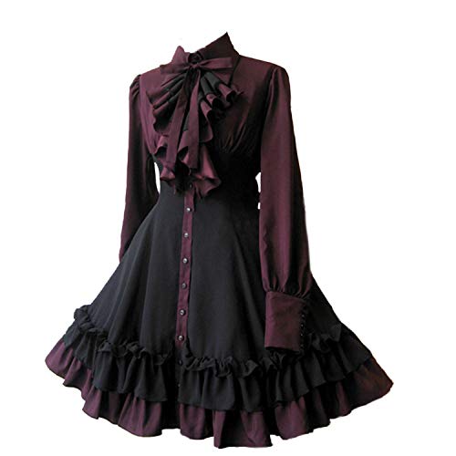 ZZEQYG Schwarzes Gothic-Kleid für Damen und Mädchen, lange Ärmel, Polyester, Rüschenkleid mit Schleifen, Schwarz, Klein von ZZEQYG
