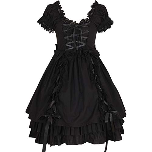 ZZEQYG Damen Mädchen Schwarz Gothic Kleid Lang/Kurze Ärmel Polyester Rüschen Kleid mit Schleifen, schwarz 2, Klein von ZZEQYG