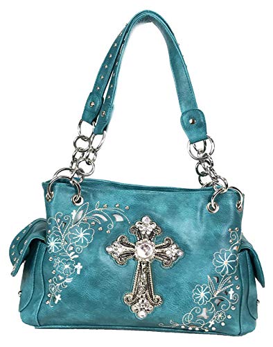 Western-Handtasche mit Strass-Kreuz und Blumenmuster, Türkis/Ausflug, einfarbig (Getaway Solids), Large von ZZFAB