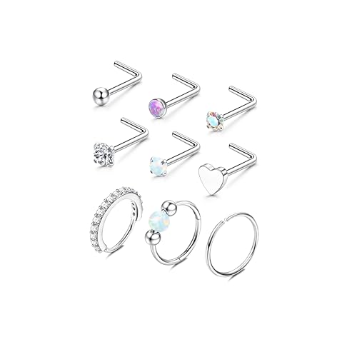 ZZHDCC 9pcs Nasenringe 316L Chirurgenstahl Gold Nasenstecker für Frauen 20G L Shaped Nasenstecker Hoop Nasenring Stud CZ Opal Nasenpiercing für Frauen Männer, 20 g, Edelstahl, Kein Edelstein von ZZHDCC