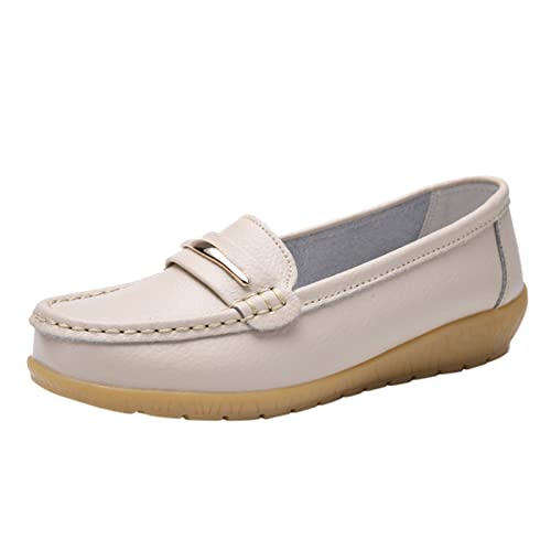 Damen Loafer Leder Mokassins Damen Damen Klassische Loafer Slippers Damen Frauen Businessschuhe Slip-On Mode Lässig Frauen Leder Bootsschuhe (Beige, 42) von ZZHZGZ