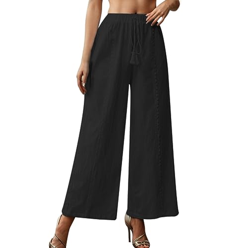 Hose Damen Weites Bein Leinen Hose Damen Lose Freizeithose Damen Sommer Lang Sommerhosen Loose Fit Elastischem Bund Mit Leichte Haremshose Einfarbig Palazzohose (Schwarz, XXL) von ZZHZGZ