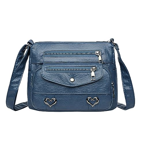 Umhängetaschen Damen Crossbody Bag Umhängetasche mit Herz-Dekor, solide Vintage-Umhängetasche PU-, vielseitige Damen-Geldbörse mit Taschen, Schnalle Reißverschluss (Blue, One Size) von ZZHZGZ