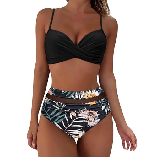 ZZHZGZ Bikini Damen Set Mit BüGel Bademode Damen Oberteil Große Großen High Waist Blumenmuster V Ausschnitt Badeanzüge Große Größen von ZZHZGZ