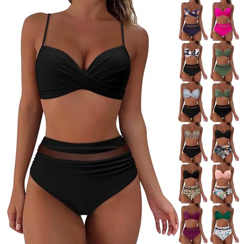 ZZHZGZ Bikini Damen Set Mit BüGel Schwarz Bademode Damen Bikini Große Großen High Waist V Ausschnitt Blumenmuster Badeanzüge für Damen Mit Cups von ZZHZGZ