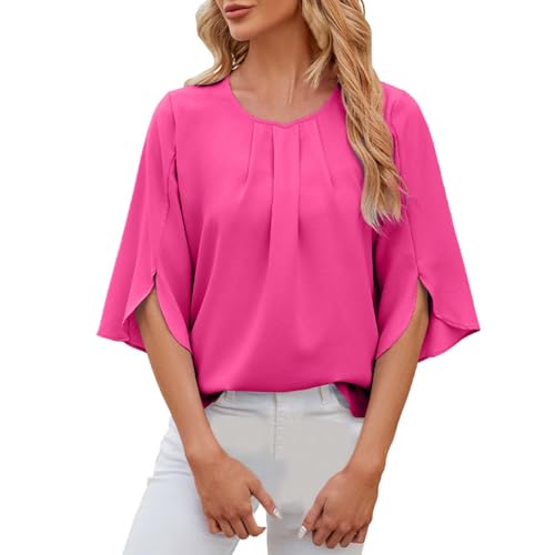 ZZHZGZ Damen Bluse Rundhals Tunika Shirt Elegant Casual Oberteile Loose Shirt GroßE GrößEn Locker Chiffon Sommer Shirts Einfarbig Lose Flowy Tops (Hot Rosa, XXL) von ZZHZGZ