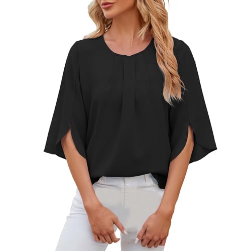 ZZHZGZ Damen Bluse Rundhals Tunika Shirt Elegant Casual Oberteile Loose Shirt GroßE GrößEn Locker Chiffon Sommer Shirts Einfarbig Lose Flowy Tops (Schwarz, XXL) von ZZHZGZ