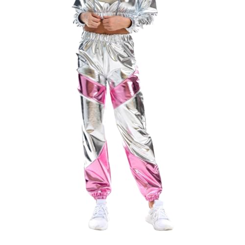 ZZHZGZ Damen Metallic Glänzend Jogger Elastischer Bund Sporthose Locker Freizeit Casual Lang Hose für Karneval Kostüm Party Disco Tanz Bühne Cosplay Nachtclub Festival A-Silber S von ZZHZGZ