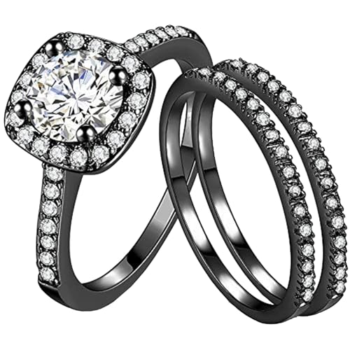 ZZHZGZ Damen Ringe Elegant Schlicht Silberringe 3-teiliges Luxus-Ring-Set für Damen, Zirkon-Stapelringe, Versprechensring, modische Eheringe, Brautringe (Black, 11) von ZZHZGZ