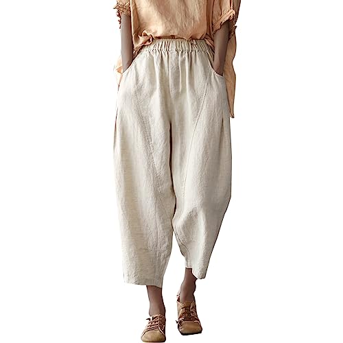 ZZHZGZ Leinenhose Damen Sommer 7/8 Hose Bequem Weites Bein Sommerhosen Leicht Lang Haremshose Hose High Waist Freizeithose Pumphose Pilates Dance Harem Hosen Locker Sporthose mit Taschen Beige L von ZZHZGZ