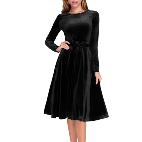 ZZHZGZ Weihnachtskleid Damen Samtkleid Elegant Abendkleid Langarm Cocktailkleid Knielang Ballkleider Rundhals Kleid Bodycon festliches Partykleid knielangen Winterkleid (Schwarz, XL) von ZZHZGZ