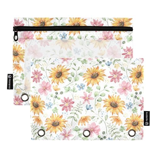 Federmäppchen mit 3 Ringen, Aquarell-Blumen und Sonnenblumen, 3 Löcher, Federmäppchen für Ordner, Großpackung mit transparentem Fenster und Reißverschluss, für Büro, Schule, Uni, 2 Stück von ZZKKO