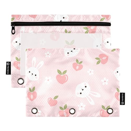 Federmäppchen mit 3 Ringen, Motiv: Häschen, Kaninchen, Pfirsichfrucht, Blume, Federmäppchen mit drei Löchern, Federmäppchen für Ordner, Großpackung mit transparentem Fenster und Reißverschluss, für von ZZKKO