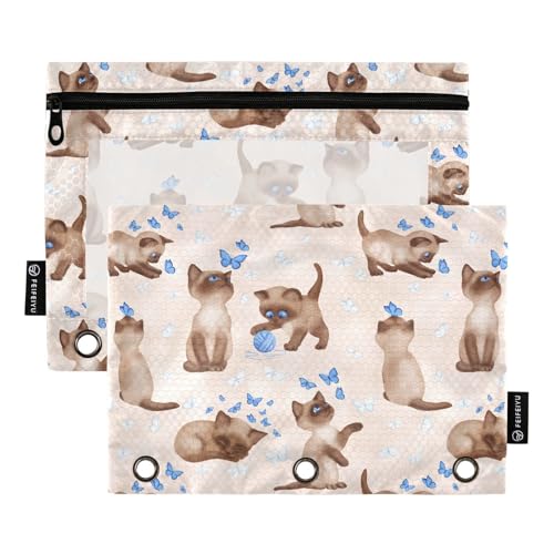 Federmäppchen mit 3 Ringen, Siamesisches Kätzchen, Katze, Schmetterling, Federmäppchen mit drei Löchern, für Ordner, Großpackung mit transparentem Fenster und Reißverschluss, für Büro, Schule, Uni, 2 von ZZKKO