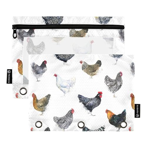 Federmäppchen mit Hühnerfarm Vögeln, handgezeichnetes Federmäppchen für 3-Ringbuch, Drei-Loch-Federmäppchen für Ordner, Großpackung mit transparentem Fenster und Reißverschluss, für Büro, Schule, Uni, von ZZKKO