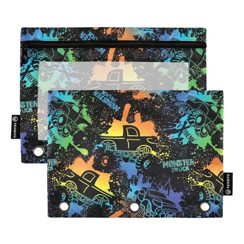 Federmäppchen mit Monster-Truck-Motiv, 3-Ringbuch, Federmäppchen mit drei Löchern, Federmäppchen mit transparentem Fenster und Reißverschluss, für Büro, Schule, Uni, 2 Stück Federmäppchen mit Monster-Truck-Motiv, 3-Ringbuch, Federmäppchen mit drei Löchern, Federmäppchen mit transparentem Fenster und Reißverschluss, für Büro, Schule, Uni, 2 Stück von ZZKKO