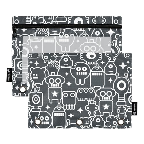 Federmäppchen mit drei Löchern, Motiv: Roboter, Retro-Monster, schwarzes Federmäppchen für Ordner, großes Federmäppchen mit transparentem Fenster und Reißverschluss, für Büro, Schule, Uni, 2 Stück Federmäppchen mit drei Löchern, Motiv: Roboter, Retro-Monster, schwarzes Federmäppchen für Ordner, großes Federmäppchen mit transparentem Fenster und Reißverschluss, für Büro, Schule, Uni, 2 Stück von ZZKKO