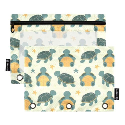 Federmäppchen mit niedlichem Cartoon-Schildkröten-Design für 3-Ringordner, Drei-Loch-Federmäppchen für Ordner, Großpackung mit transparentem Fenster und Reißverschluss, für Büro, Schule, Uni, 2 Stück Federmäppchen mit niedlichem Cartoon-Schildkröten-Design für 3-Ringordner, Drei-Loch-Federmäppchen für Ordner, Großpackung mit transparentem Fenster und Reißverschluss, für Büro, Schule, Uni, 2 Stück von ZZKKO
