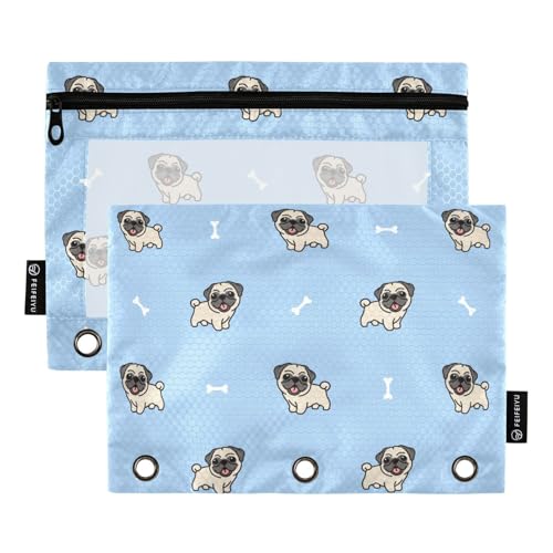 Federmäppchen mit niedlichem Mops-Motiv, Cartoon-Federmäppchen für 3-Ringbuch, Federmäppchen mit drei Löchern, großes Federmäppchen mit transparentem Fenster und Reißverschluss, für Büro, Schule, Uni Federmäppchen mit niedlichem Mops-Motiv, Cartoon-Federmäppchen für 3-Ringbuch, Federmäppchen mit drei Löchern, großes Federmäppchen mit transparentem Fenster und Reißverschluss, für Büro, Schule, Uni von ZZKKO
