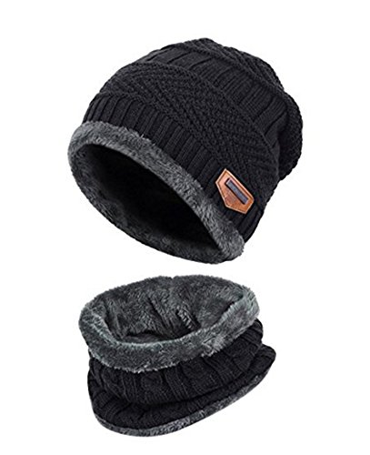 ZZLAY Kinder Winter Dicke Beanie Hut Schal Set Slouchy Warmen Schnee Knit Skull Cap,Einheitsgröße,schwarz von ZZLAY