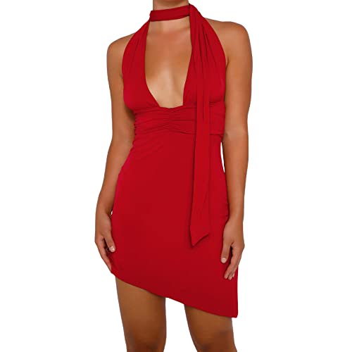 Romantisches Rosen-Minikleid für Damen, figurbetont, sexy Neckholder-Ausschnitt, gerüscht, Party-Cocktail-Dating-Kleid, D4-rot, Small von ZZLBUF