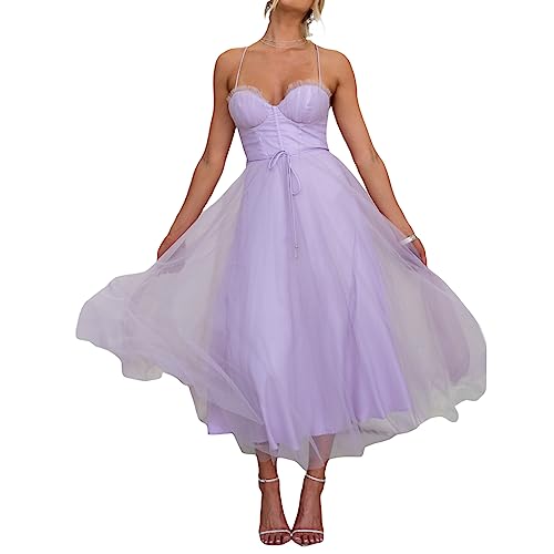 ZZLBUF Formelles Abendkleid aus Tüll für Damen, einfarbig, rückenfrei, Korsett, Abendkleid für Cocktail, Hochzeit, Partykleid, violett, Medium von ZZLBUF