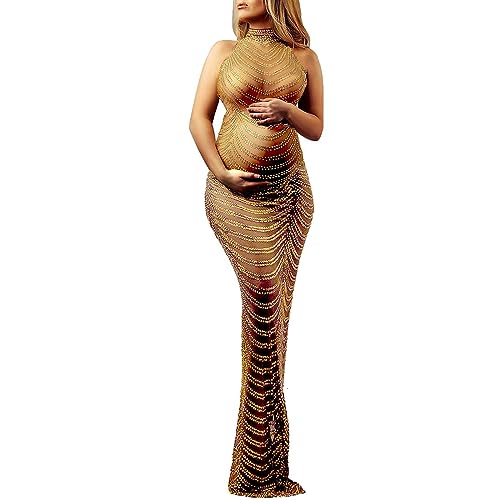 ZZLBUF Umstandskleid für Fotografie Glänzend Strass Ärmellos Bodenlang Abendkleid Lange Schwangerschaftskleider für Fotoshooting, gold, XX-Large von ZZLBUF