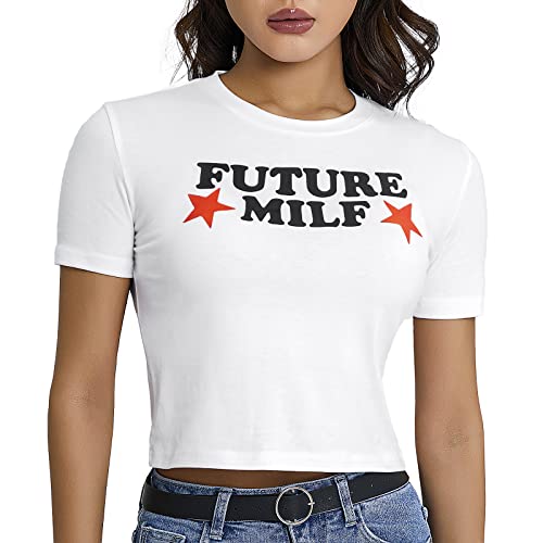 ZZLBUF Y2K Crop Top für Damen, kurzärmlig, Buchstaben-Druck, Punk, schmale Passform, T-Shirt, 00er Jahre, E-Girl Club Streetwear, weiß, M von ZZLBUF