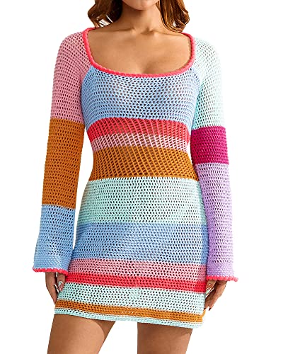 ZZLBUF Y2k Häkelkleid mit langen Ärmeln, gestreift, Regenbogenfarben, gehäkelt, figurbetont, Kleid, bunt, X-Large von ZZLBUF