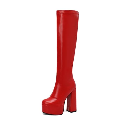 ZZQCCHL Damen Chunky Absatz Stiefel kniehoch mit Plattform Herbst/Winter Abend Schuhe seitlicher Reißverschluss runde Zehen Goth Stiefel,Rot,36 EU von ZZQCCHL