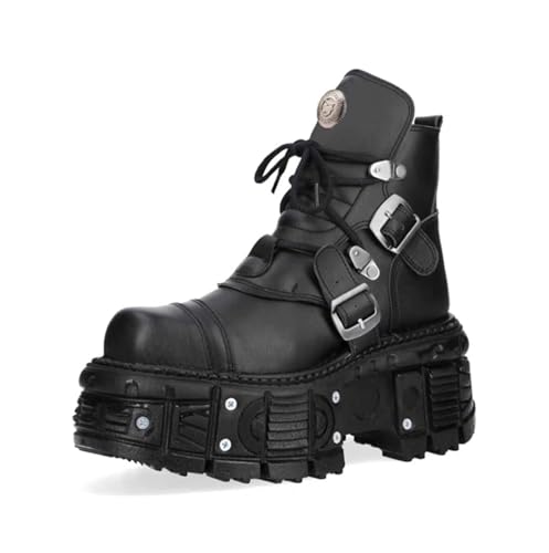 ZZQCCHL Damen Gothic Plattform Stiefeletten Punk Stil Chunky Heel Schnürstiefel mit Schnallen Motorradschuhe,Schwarz,44 EU von ZZQCCHL