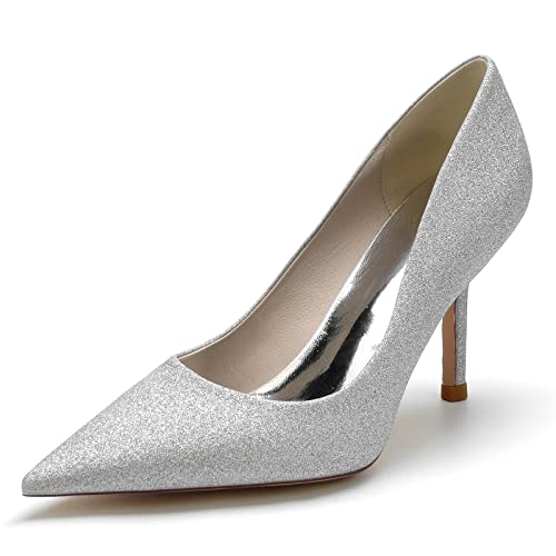 ZZQCCHL Damen High Heel Glitter Hochzeitsschuhe Slip-on Court Schuhe Spitze Zehe Abend Braut Party Kleid Schuhe,Silber,43 EU von ZZQCCHL