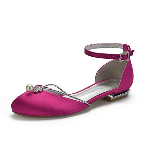 ZZQCCHL Damen Knöchelriemen Brautkleid Flache Schuhe Satin Runde Spitze Brautschuhe Bequeme niedrige Absätze Abendliche Ballpumpen,Fuchsia,38 EU von ZZQCCHL
