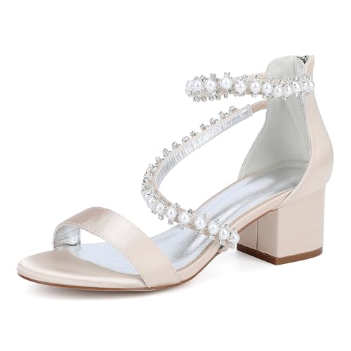 ZZQCCHL Damen Knöchelriemen Offene Spitze Hochzeitsschuhe 5,5 cm Block Heel Braut Abend Ballschuhe mit Strass,Champagne,43 EU von ZZQCCHL