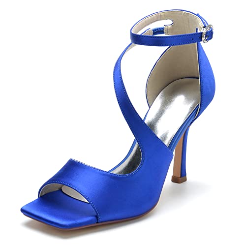 ZZQCCHL Damen Knöchelriemen Peep Toe Hochzeitsschuhe Stiletto High Heel Brautschuhe Square Toe Riemchensandalen,Blau,37 EU von ZZQCCHL