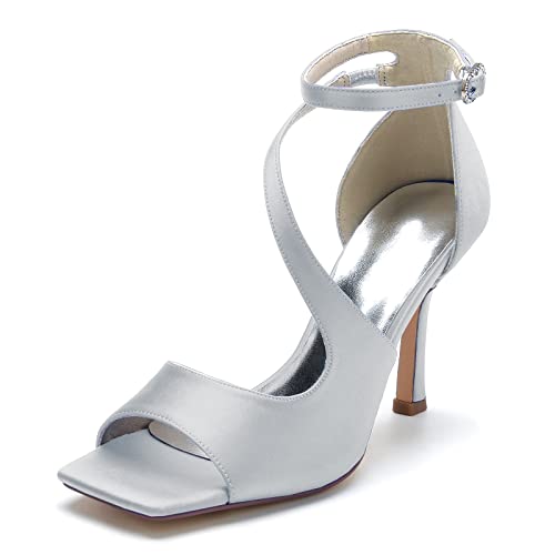 ZZQCCHL Damen Knöchelriemen Peep Toe Hochzeitsschuhe Stiletto High Heel Brautschuhe Square Toe Riemchensandalen,Silber,39 EU von ZZQCCHL