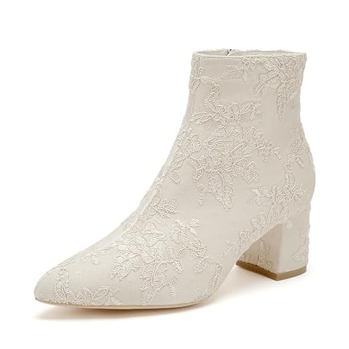 ZZQCCHL Damen Lace Hochzeit Stiefeletten Block Heel Braut Kurze Booties Pointed Toe Kleid Pumps mit seitlichem Reißverschluss,Elfenbein,35 EU von ZZQCCHL